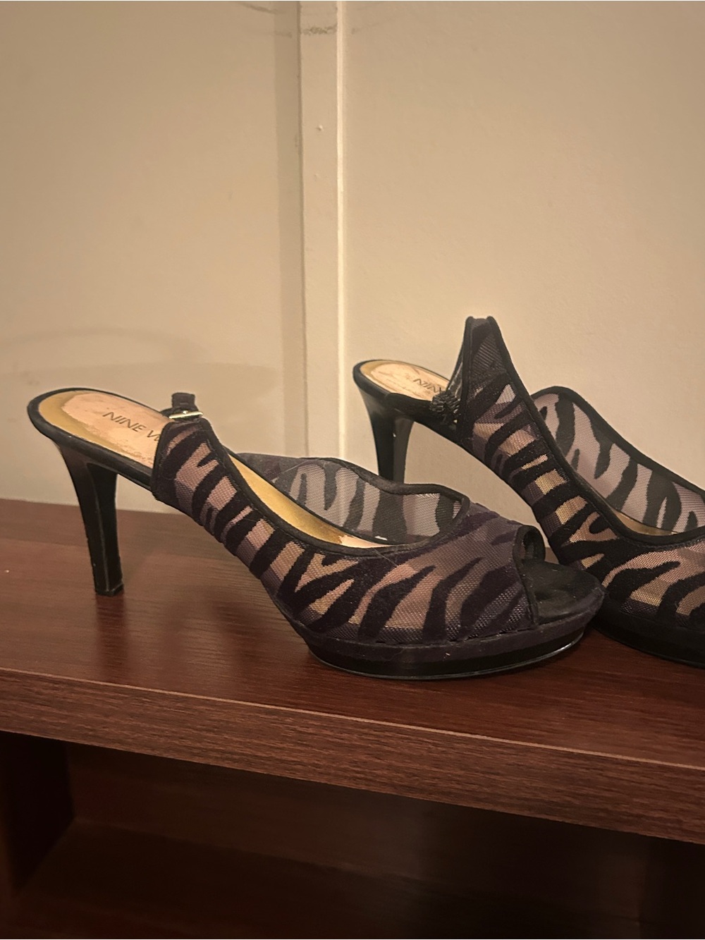 Nine West Black Zebra-Print Mesh Peep-Toe Slingback Heels